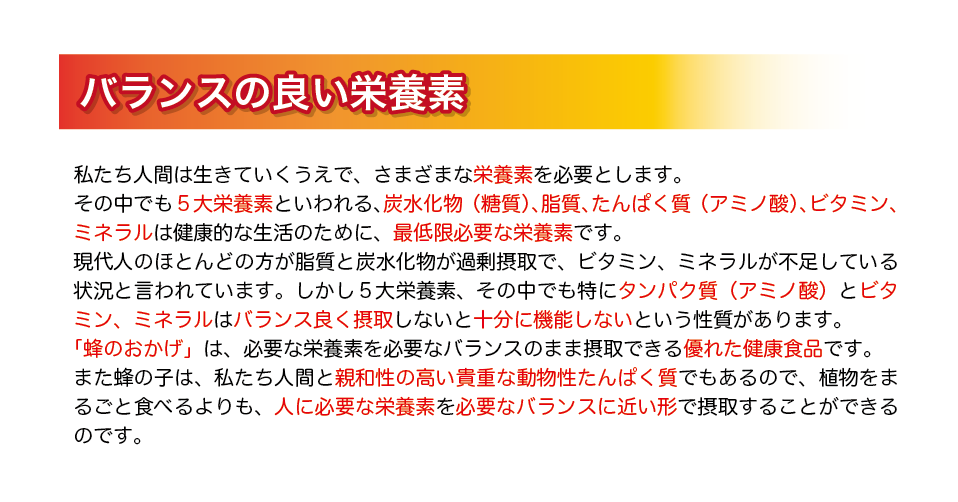 バランスのとれた栄養素。私たち人間は生きていくうえで、さまざまな栄養素を必要とします。その中でも５大栄養素といわれる、炭水化物（糖質）、脂質、たんぱく質（アミノ酸）、ビタミン、ミネラルは健康的な生活のために、最低限必要な栄養素です。現代人のほとんどの方が脂質と炭水化物が過剰摂取で、ビタミン、ミネラルが不足している状況と言われています。しかし５大栄養素、その中でも特にタンパク質（アミノ酸）とビタミン、ミネラルはバランス良く摂取しないと十分に機能しないという性質があります。「蜂のおかげ」は、必要な栄養素を必要なバランスのまま摂取できる優れた健康食品です。また蜂の子は、私たち人間と親和性の高い貴重な動物性たんぱく質でもあるので、植物をまるごと食べるよりも、人に必要な栄養素を必要なバランスに近い形で摂取することができるのです。